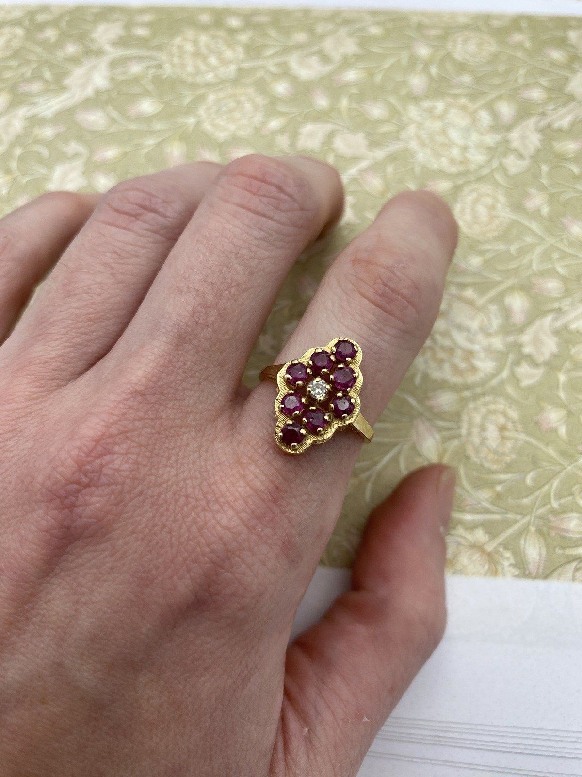 14k Gold Ruby Navette Ring w Diamond Center and Lovely Setting 4