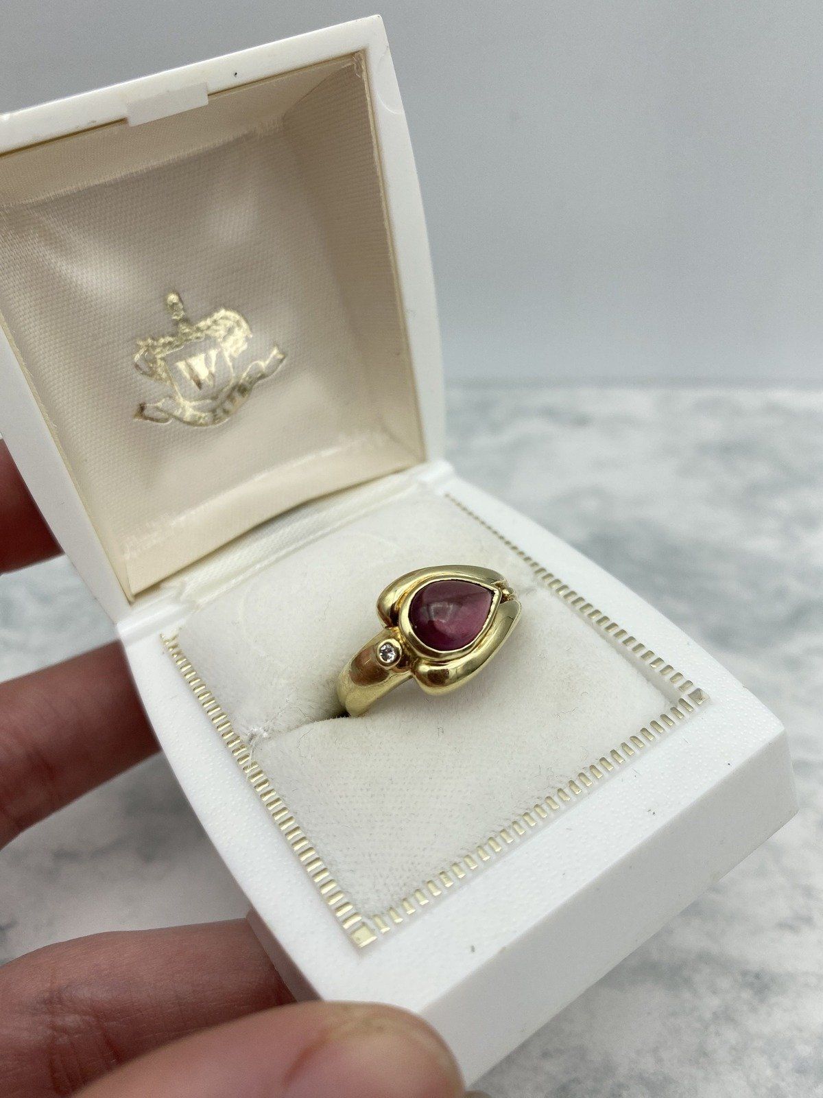14k Gold Asymmetrical Pear Cab Rubellite Tourmaline Diamond Accented Curvature Ring 6