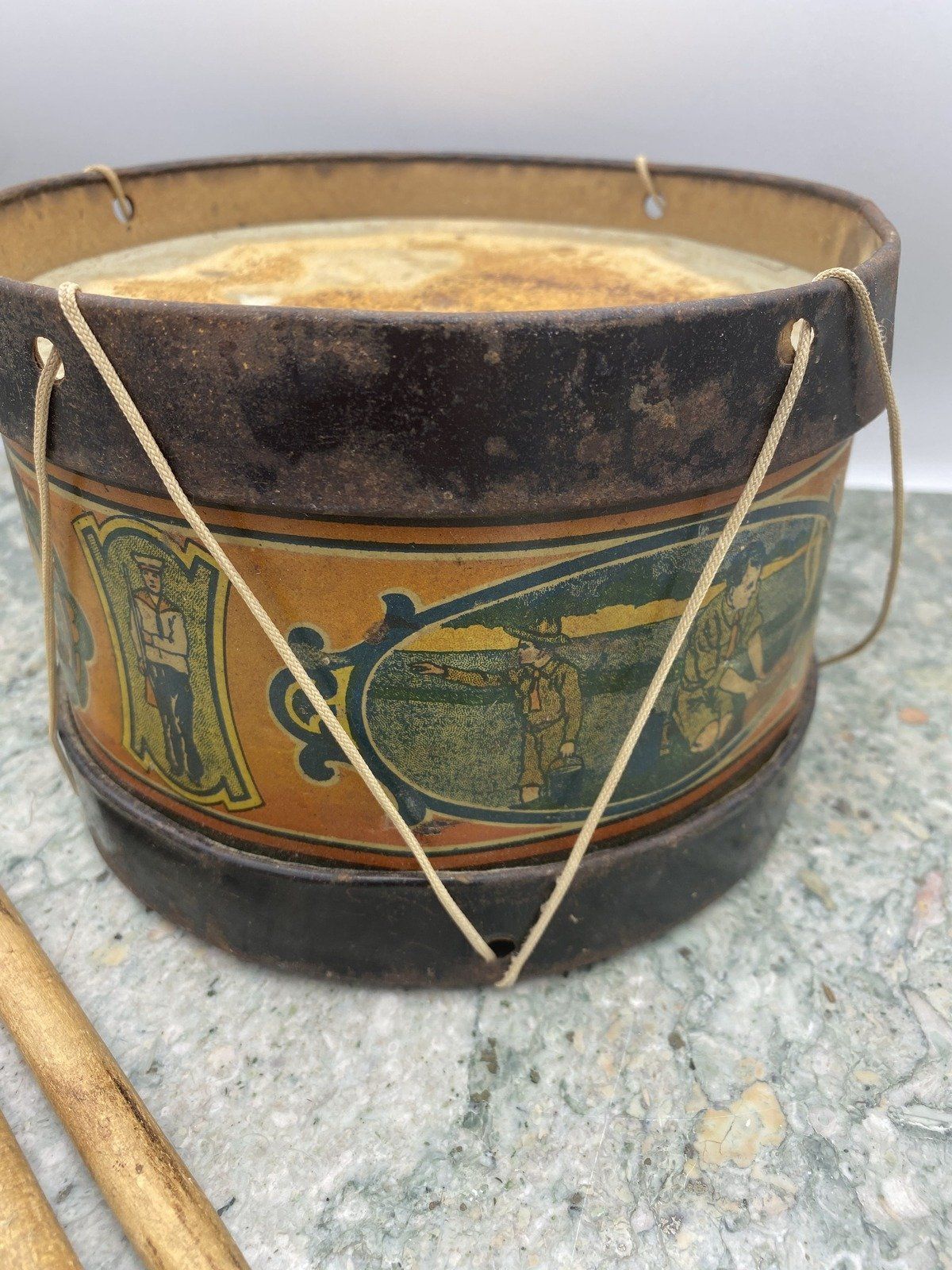 RARE Early 1900s Tin Patriotic Boy Scout Drum + Sticks PAT.c.1855 4