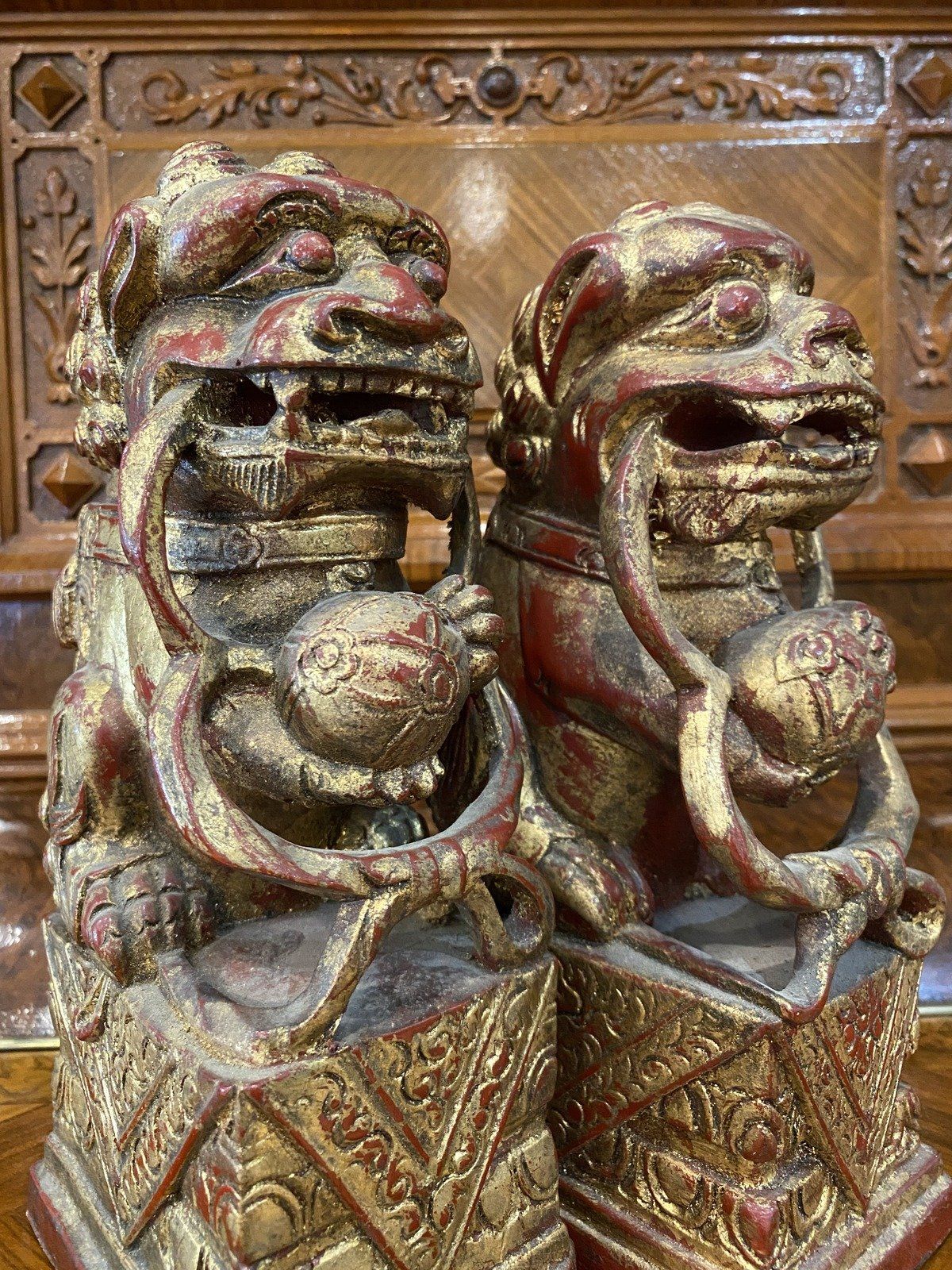 Cinnabar Red + Gilt Plaster Foo Dogs Sculptures 7