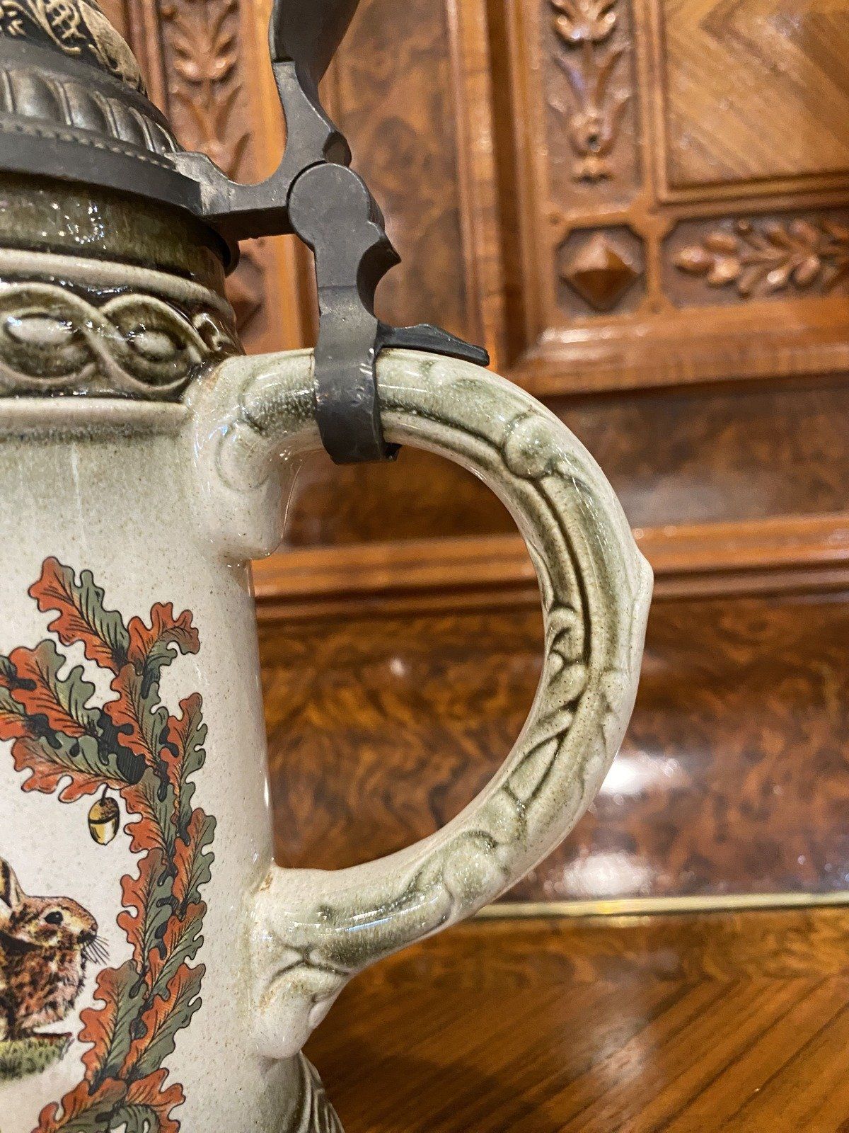 Gerz German Printed Hunter's Motif Beer Stein w Ram Finial 5