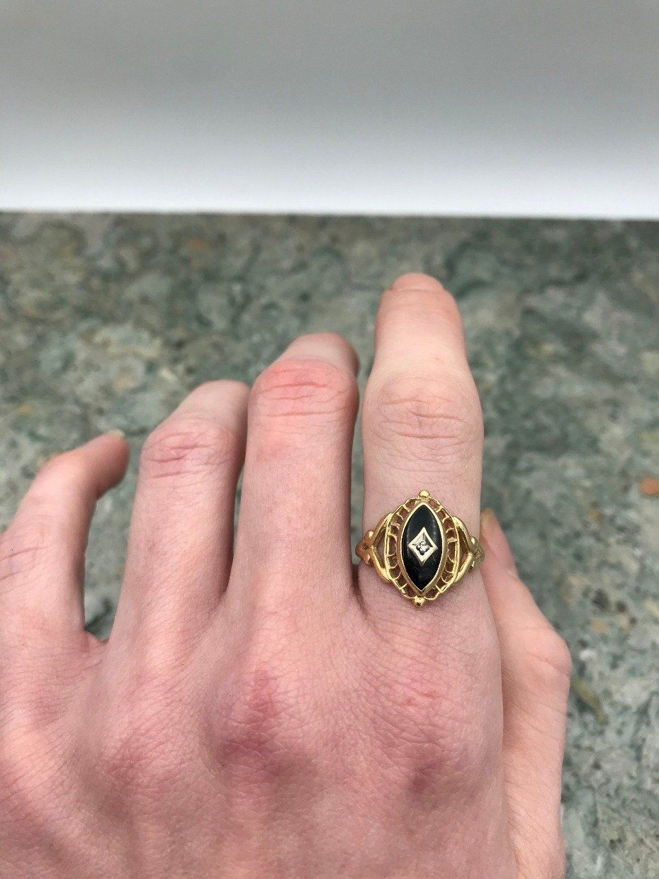 Vintage c.1940s P.S.&CO Black Enamel Deco Inspired Diamond Burst Ring 5