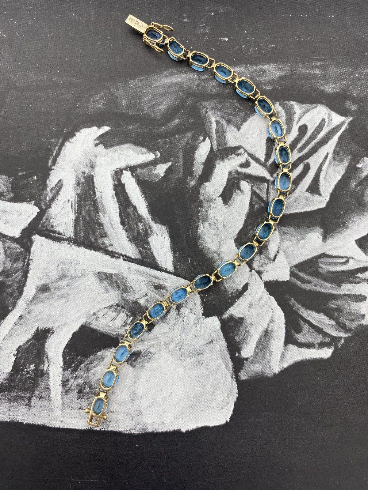 Vintage 10k Gold Oval Faceted Blue Topaz Layering Gemstone Tennis Bracelet 7L 2