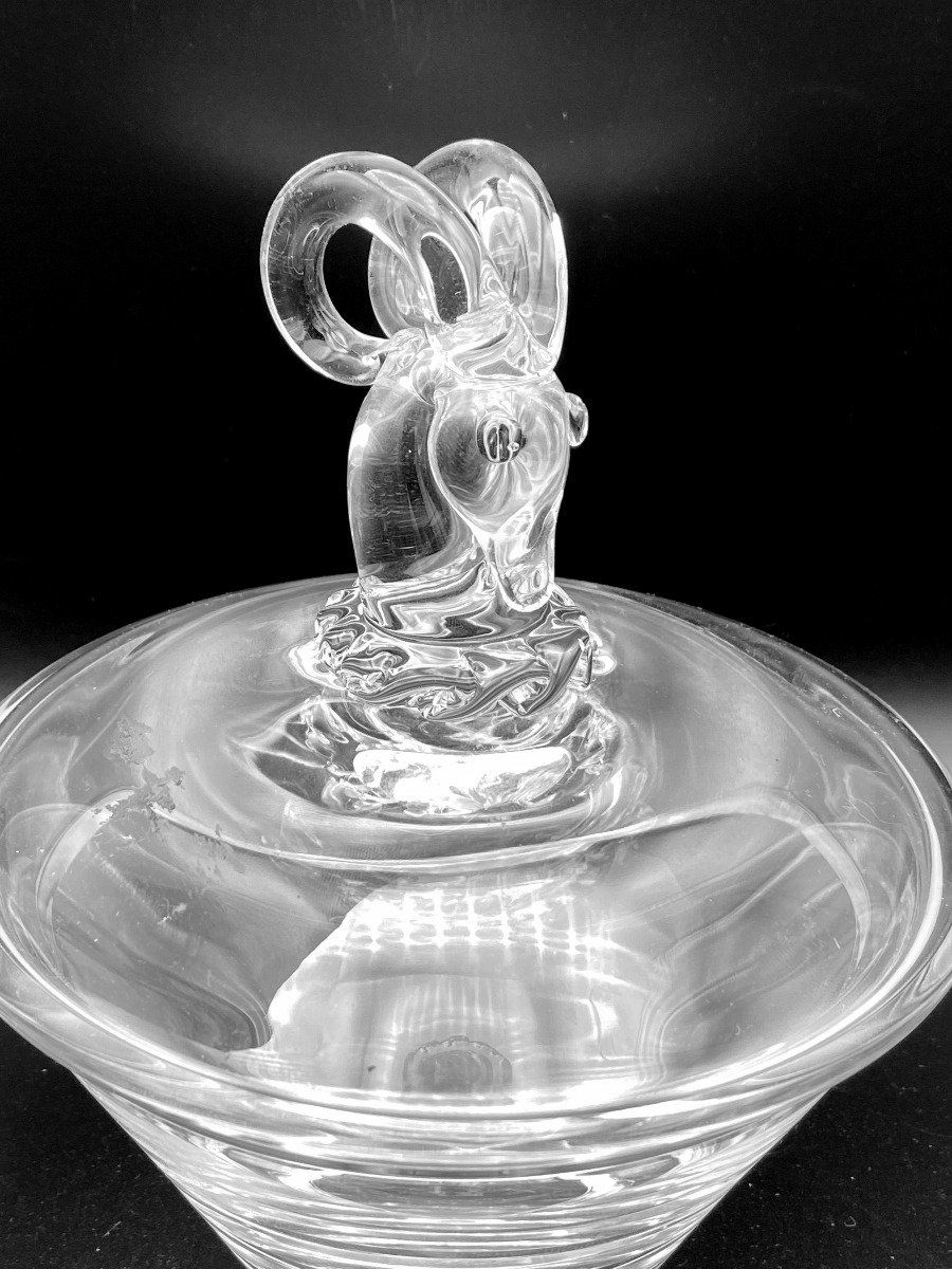Signed Steuben Covered Candy Dish with Rams Head, 1943 Designed by Irene Benton 2
