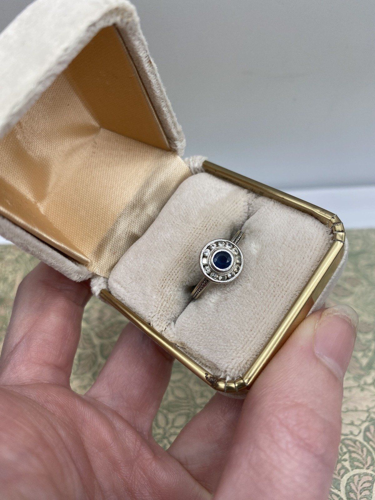 18k White Gold Bezel Set Sapphire + Diamond Halo Ring 2