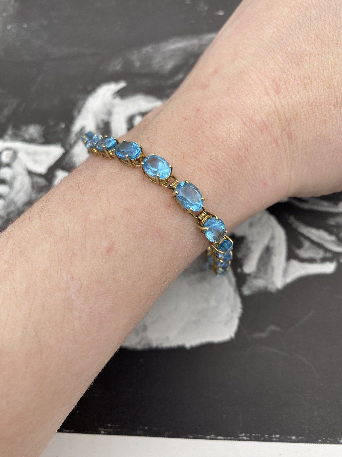 Vintage 10k Gold Oval Faceted Blue Topaz Layering Gemstone Tennis Bracelet 7L 6