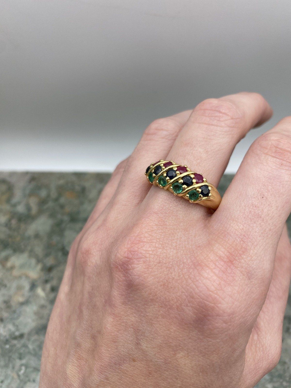 Vintage 14k Gold Trio Ruby + Emerald + Sapphire Ring Bombe Band #2794 8