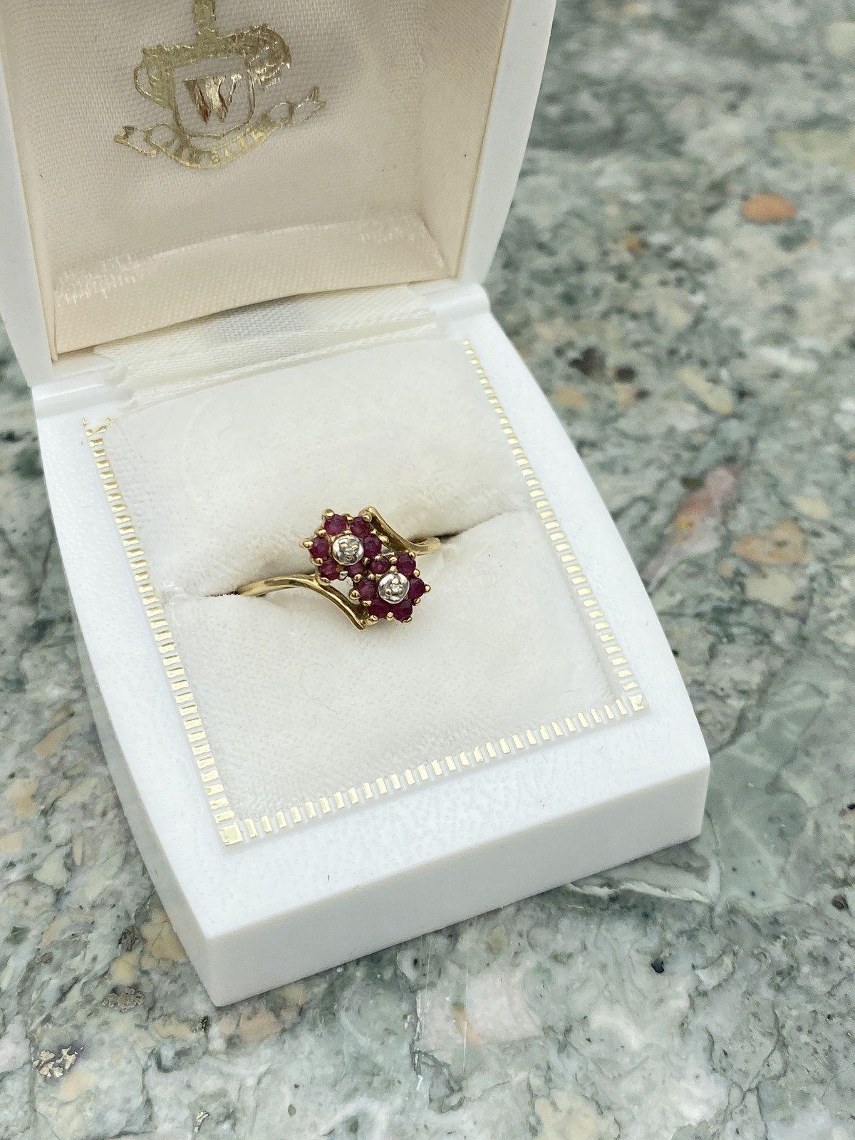 Vintage 10k Gold Ruby Double Flower Bypass Ring w Diamond Centers #2768 11