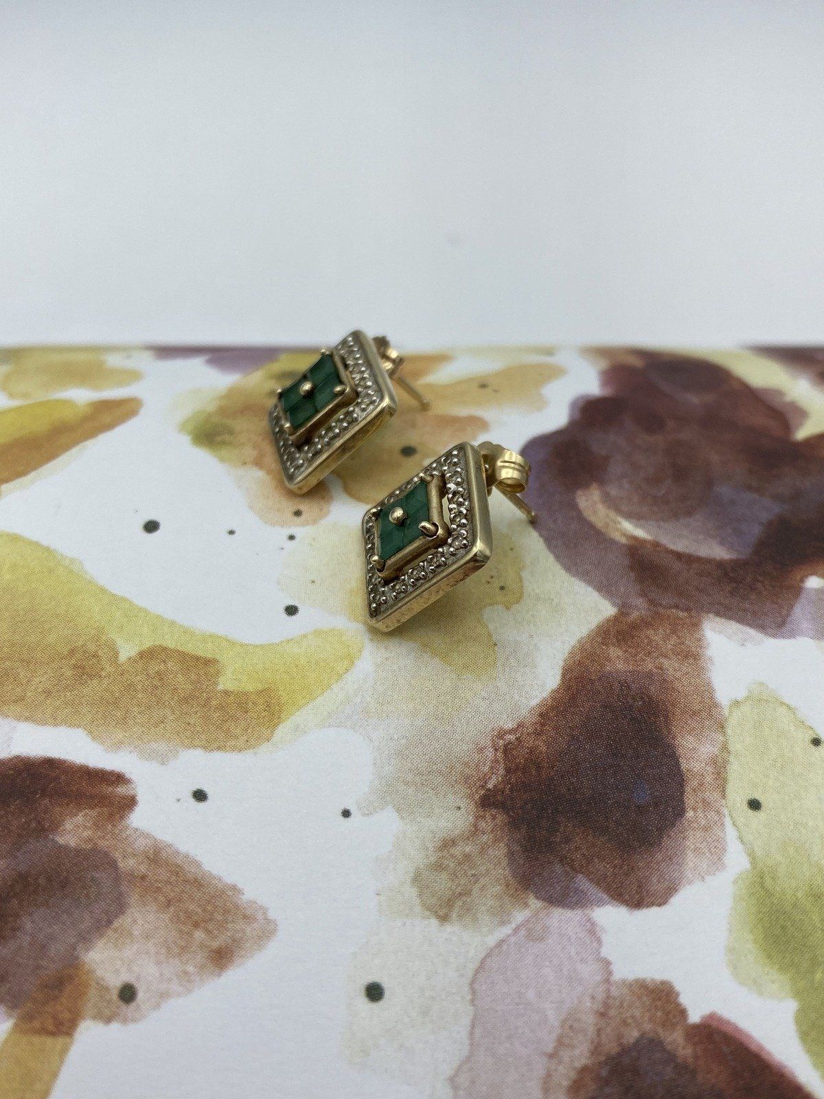Squared 14k Gold Diamond Framed Princess Cut Emerald Stud Stud Earrings #2934 2