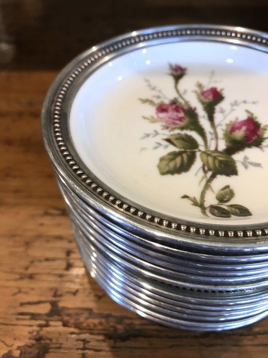 12 Vintage Rosenthal Germany Moss Rose Sterling Rimmed Plates 2