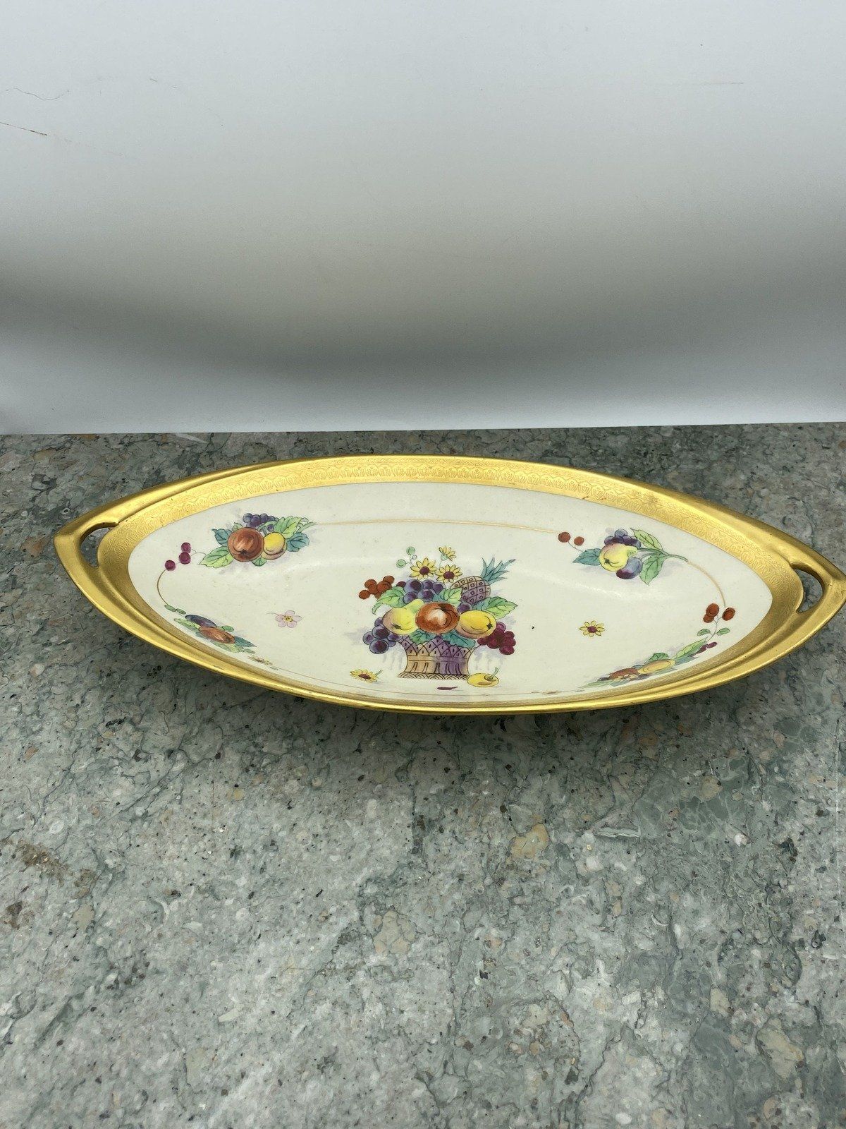 Antique c.1910/20s Pickard Gold Rim + Fruit Basket Oblong Serving Dish