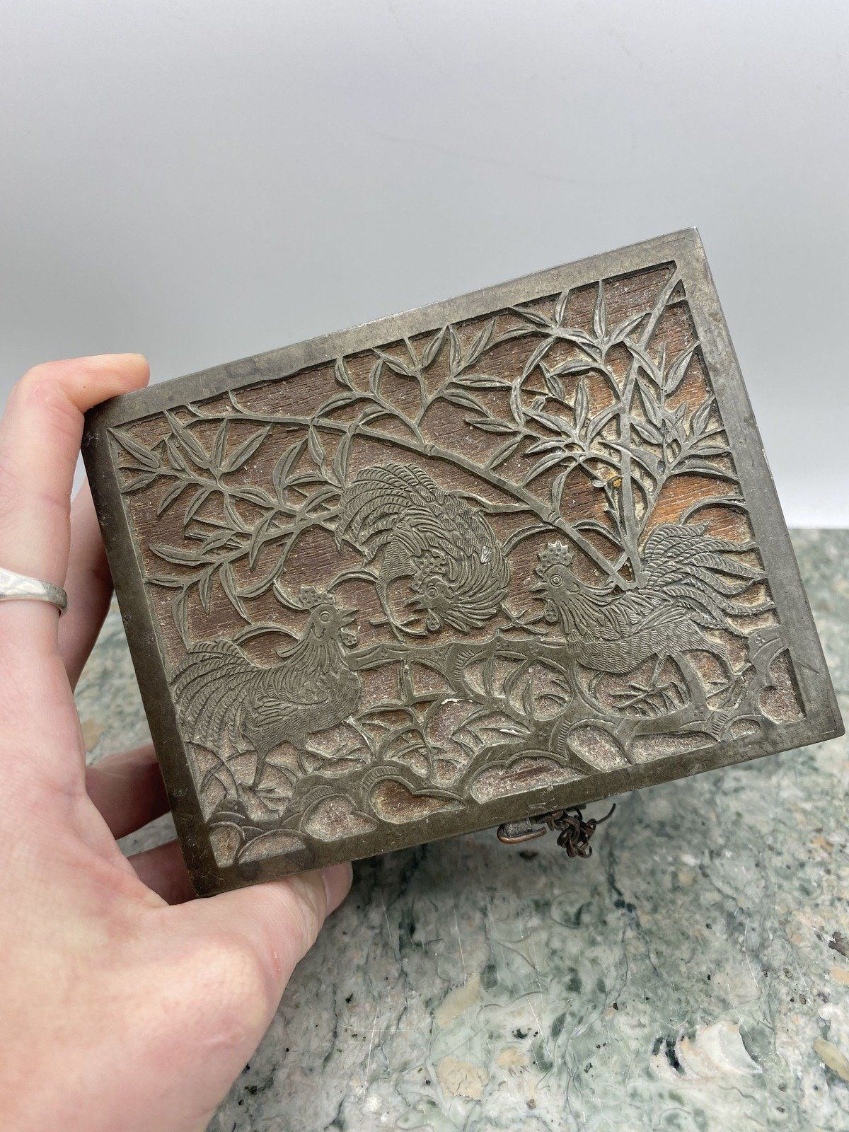 Antique Chinese Pewter + Wood Rooster Motif Trinket Box 9