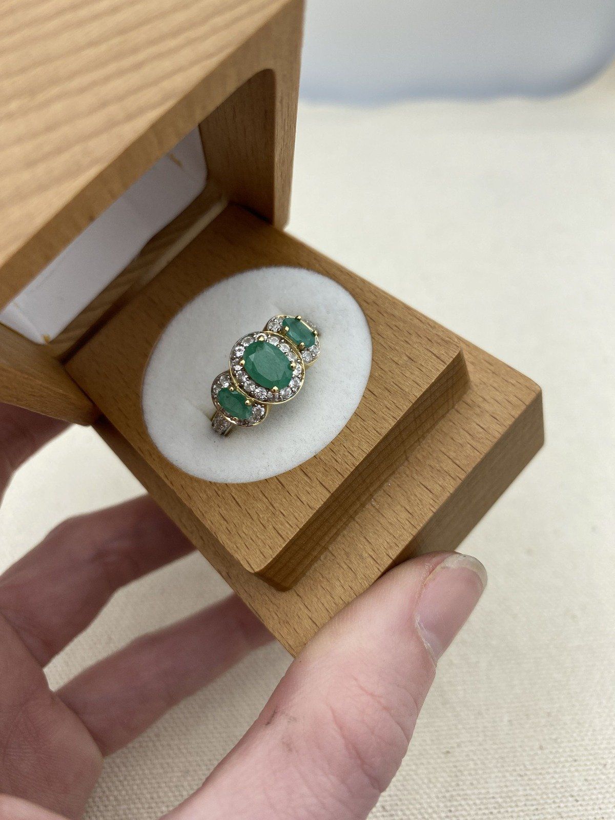 14k Gold Trio Oval Emerald + White Topaz Ring 2