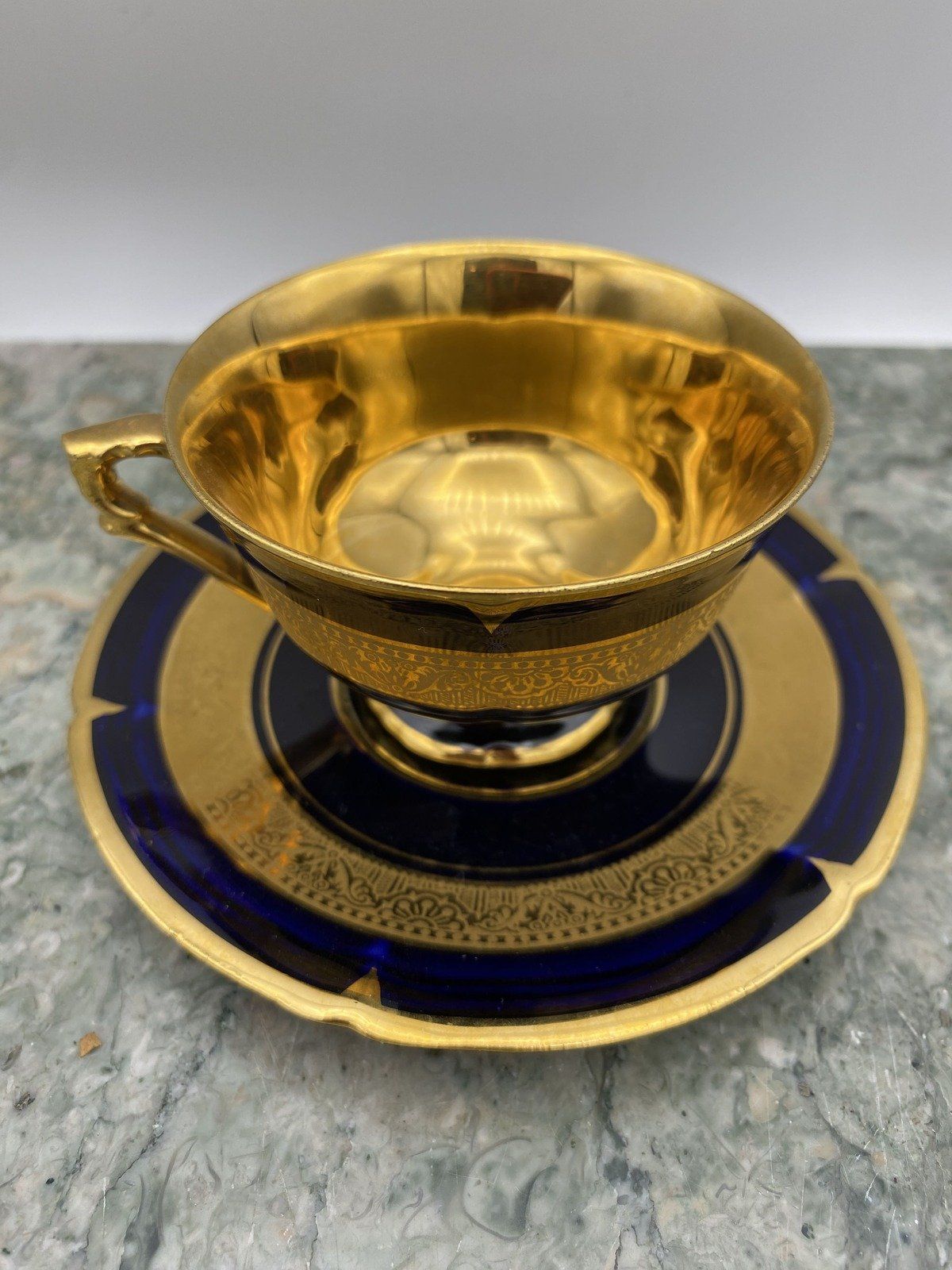 Legle Porcelaine d'Art Limoges French Cobalt + Gilt Demitasse Teacup + Saucer 6