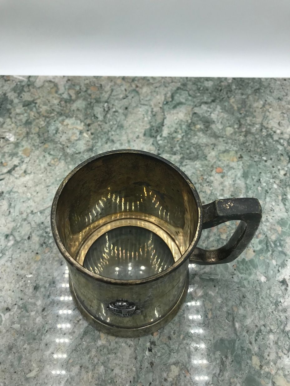 Antique Glass Bottom Plated Delta Delta Delta Sorority Beer Mug Tankard w Trident + Pine Crest 3