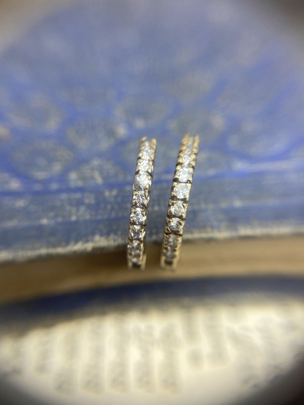 Antique German 9k Gold White Topaz Pave Sleeper Hoop Earrings 2