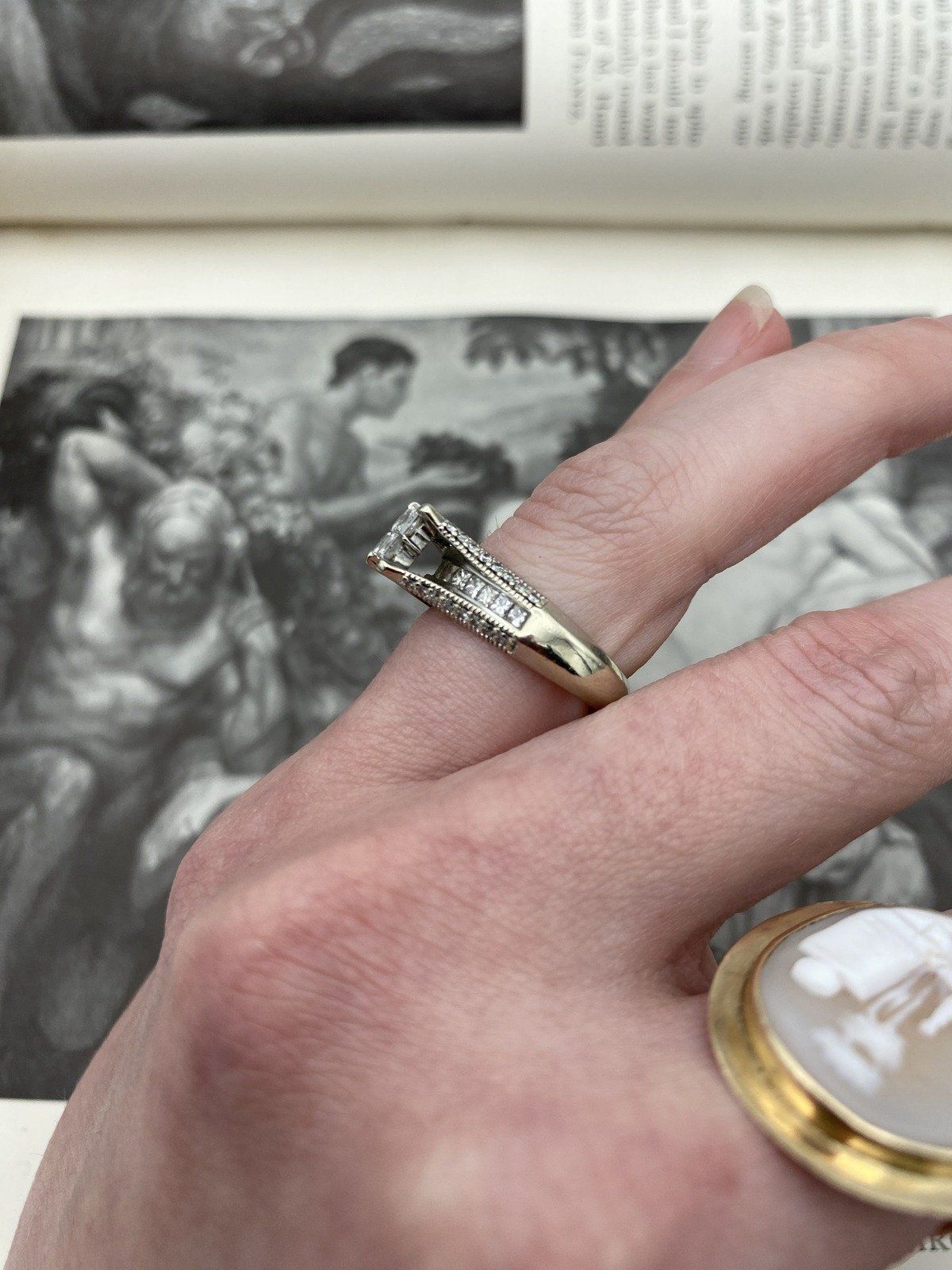 Ladies 14k White Gold Princess Cluster Diamond Engagement Ring w Lovely Pave Shoulders and Under Band Diamond Detail 6