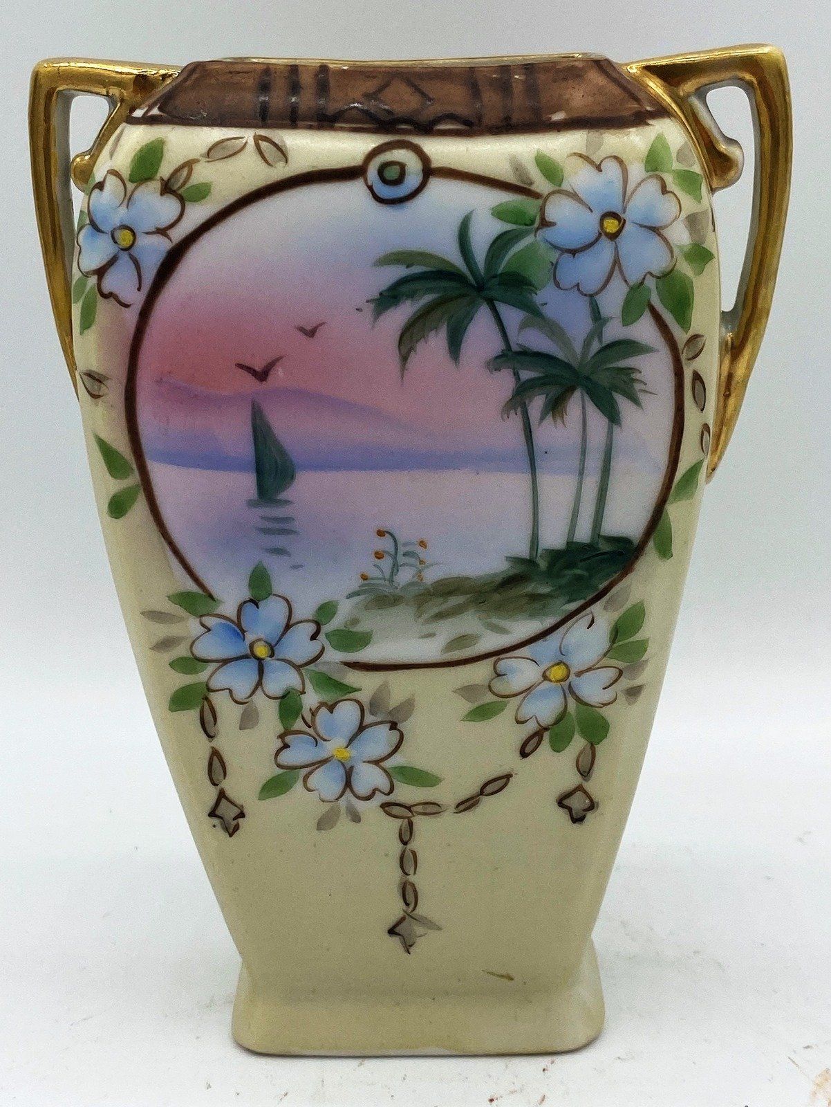 Hand Painted Nippon Vase Floral and Palms 2
