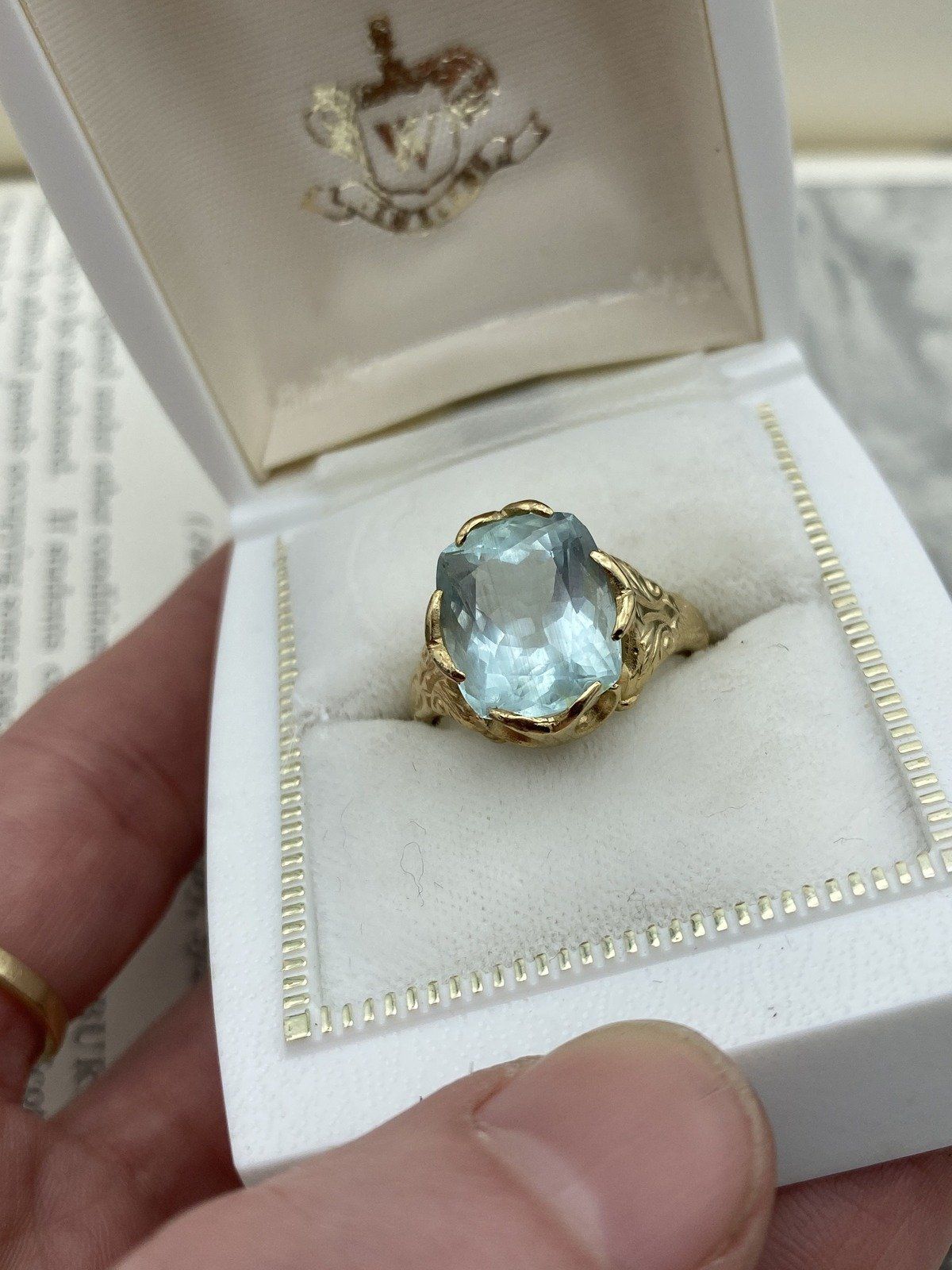 Antique Victorian 14k Gold High Quality Natural Cushion Cut Aquamarine Dress Ring w Carved Shoulder Motif + Lovely Prong Design 3