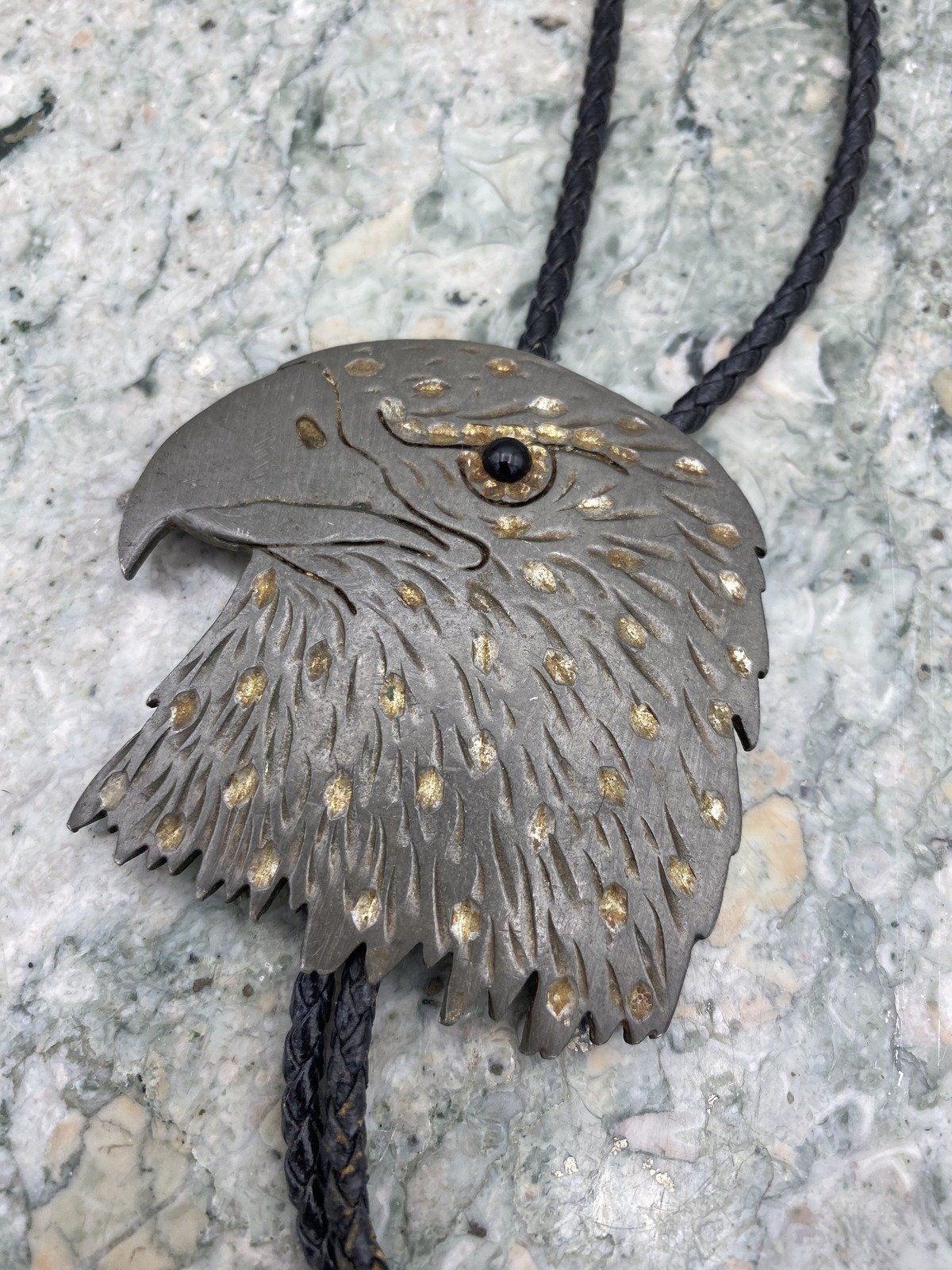 Vintage Large Silver Plated Eagle Carved Bolo Tie Necklace 2