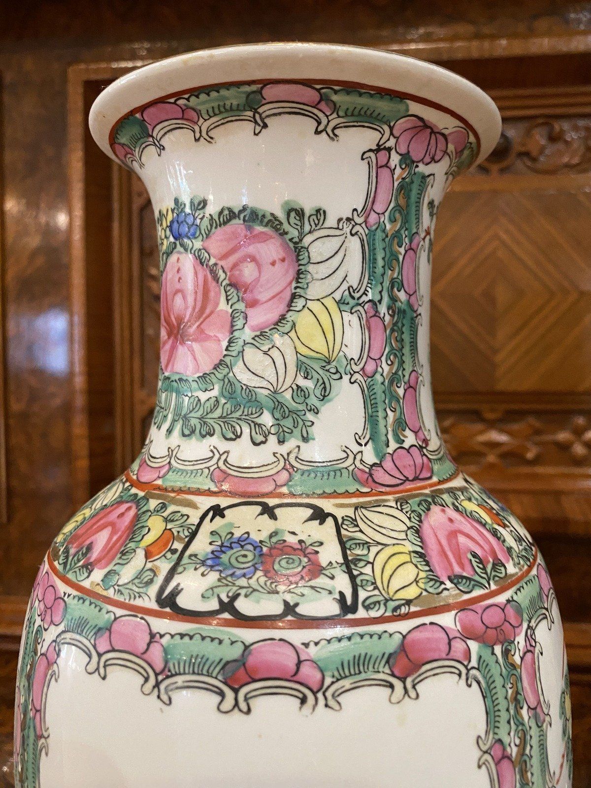 Pair of Vintage Rose Famille Oriental Vases 13h 6