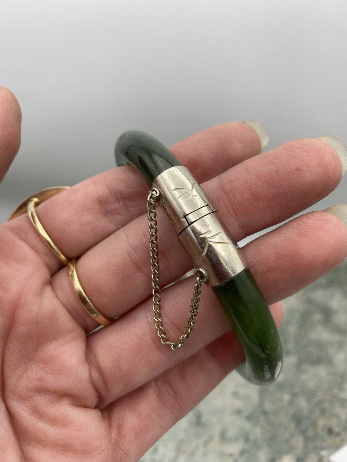 Vintage Genuine Nephrite Green Jade Stone Bangle w Safety + Silver Accents 2