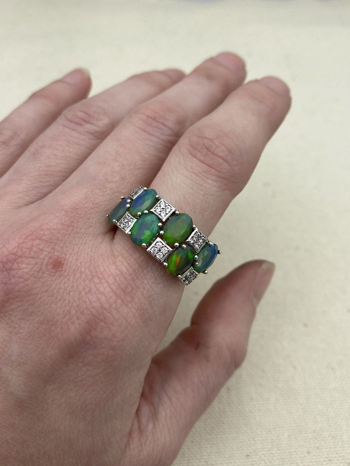 Sterling Silver Staggered Firey Opal Ring Band 4