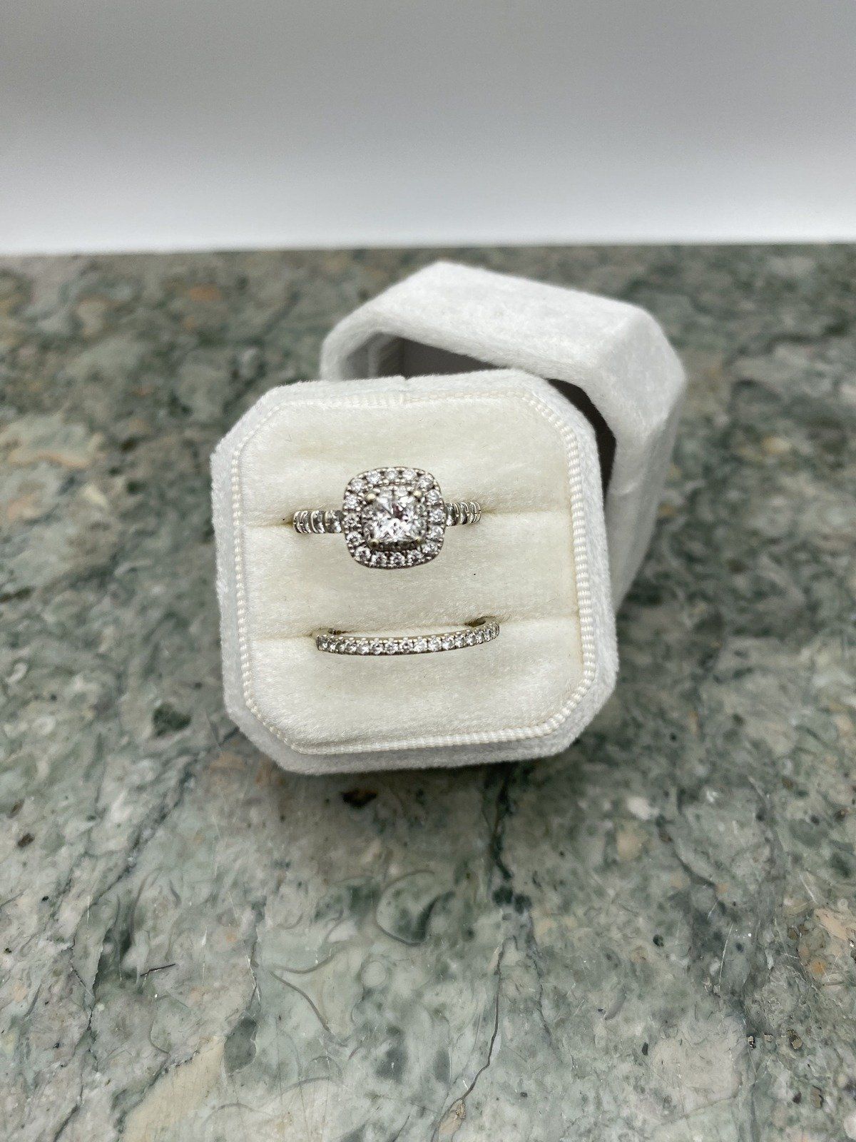 Ladies 14k Gold Leo 1.5ctw Princess Cut Cushion Haloed Diamond Engagement Ring + Band w GIA 6