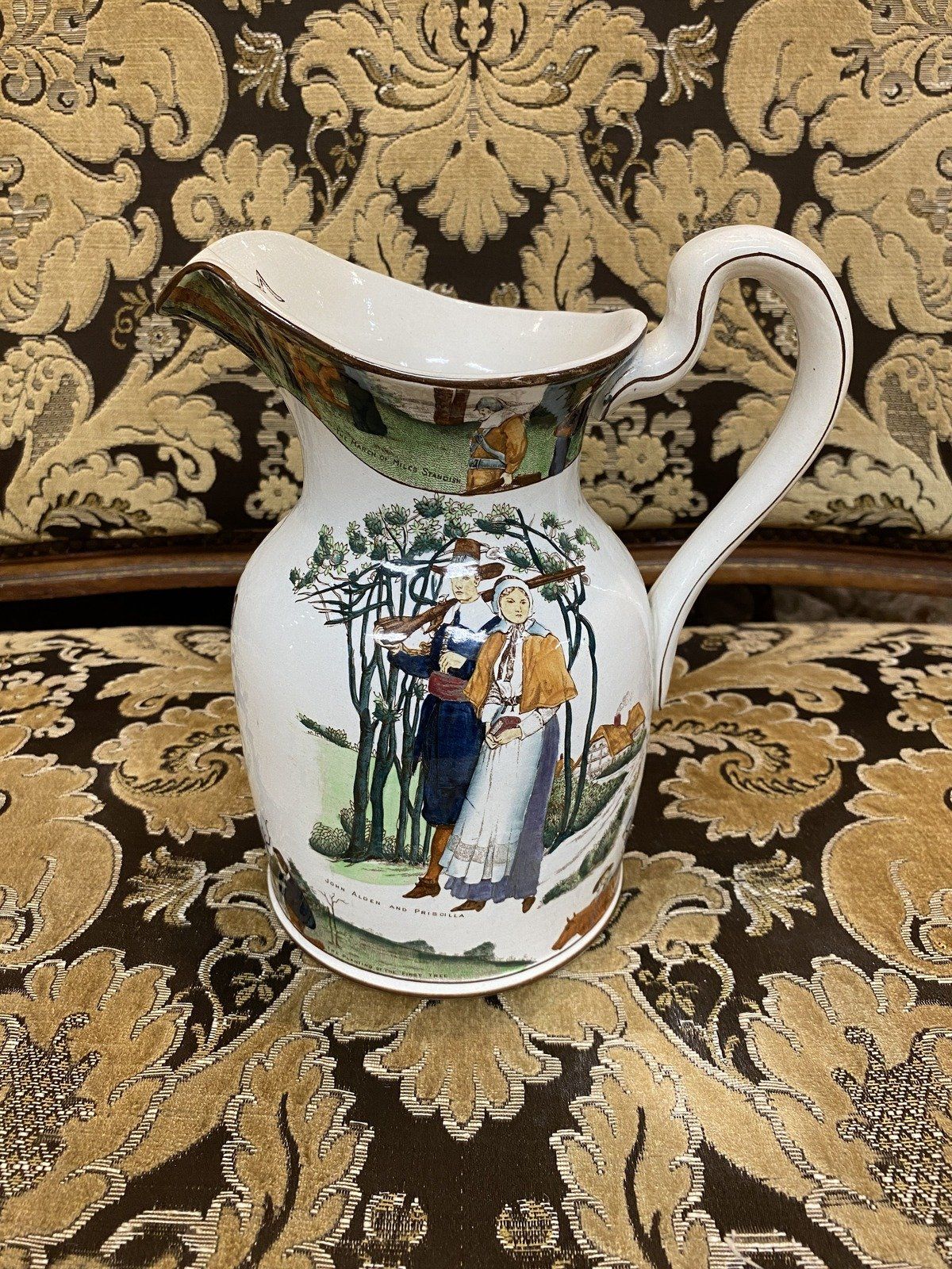 Antique c.1908 Ceramic Hand Painted Mayflower Pilgrimage Finely Detailed Buffalo Pottery Crock Milk Pitcher
