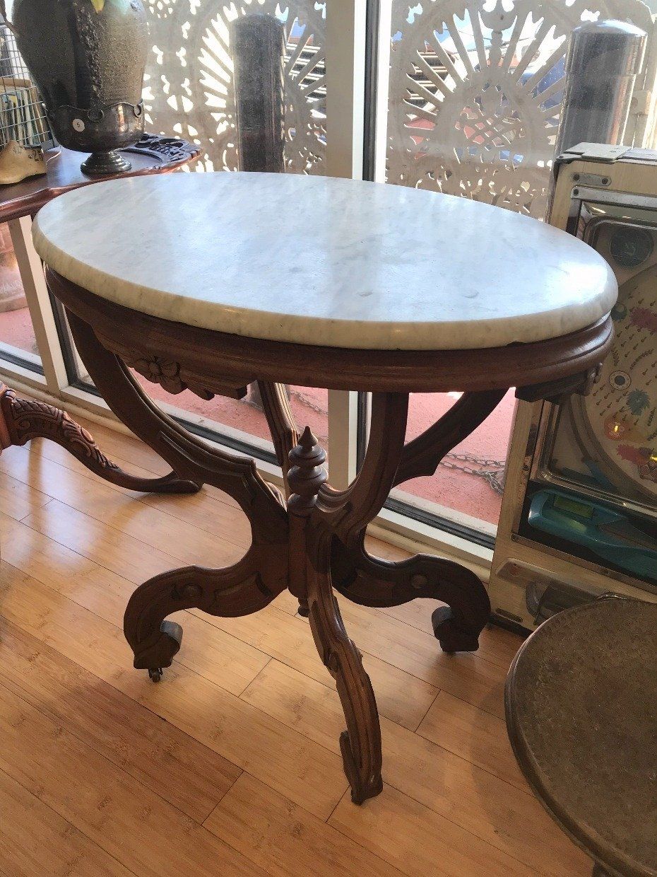 Oval Marble Top Table w Light Hue Wooden Chippendale Base