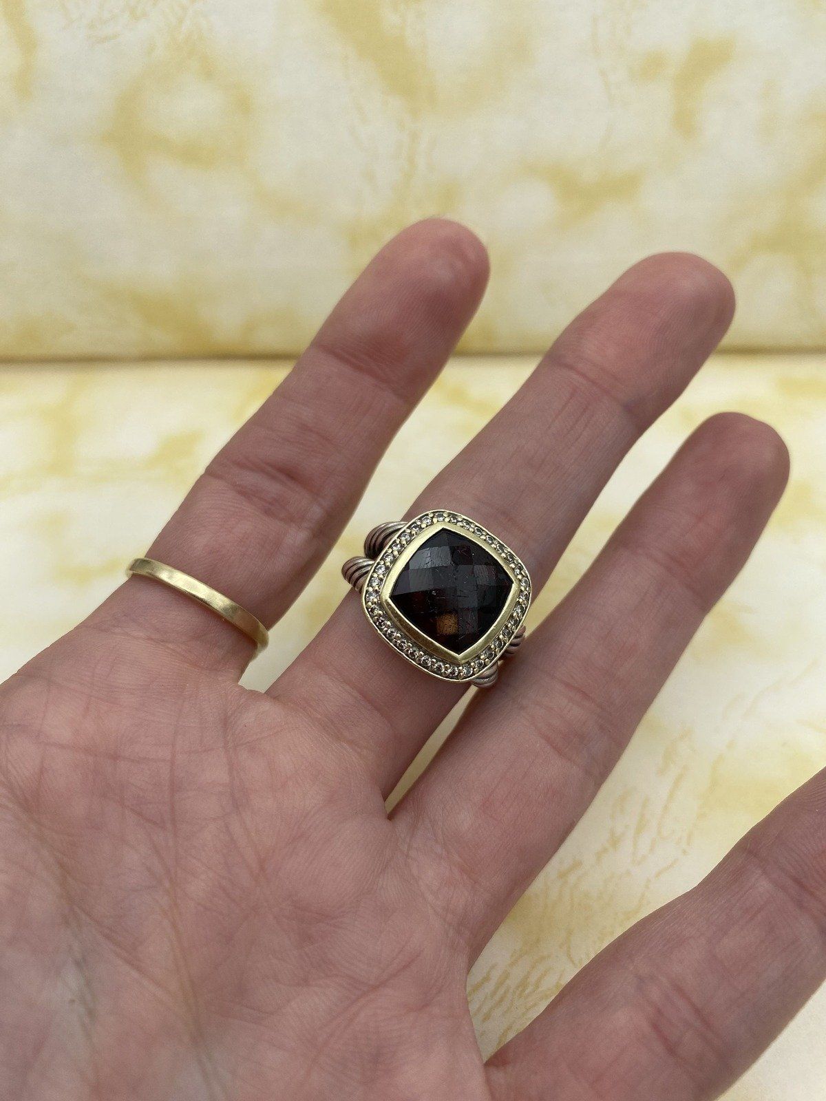David Yurman Sterling Silver + 18k Garnet Cushion Cut Cable Twist Ring w Pave Diamond Bezel 5