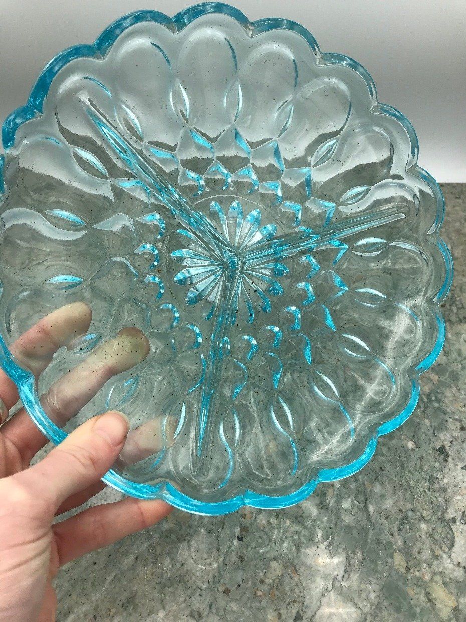 Aqua Blue Pressed Glass 3 Part Divided Plate 2