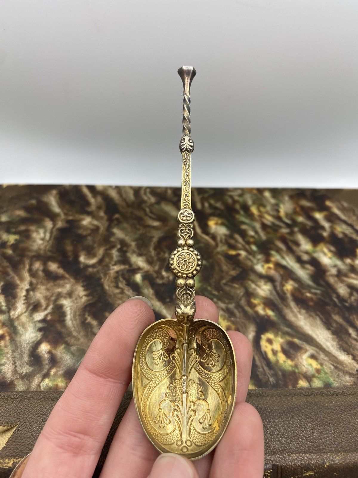 Edwardian c.1910s English Ornate Gilt Sterling Silver Anointing Spoon 7