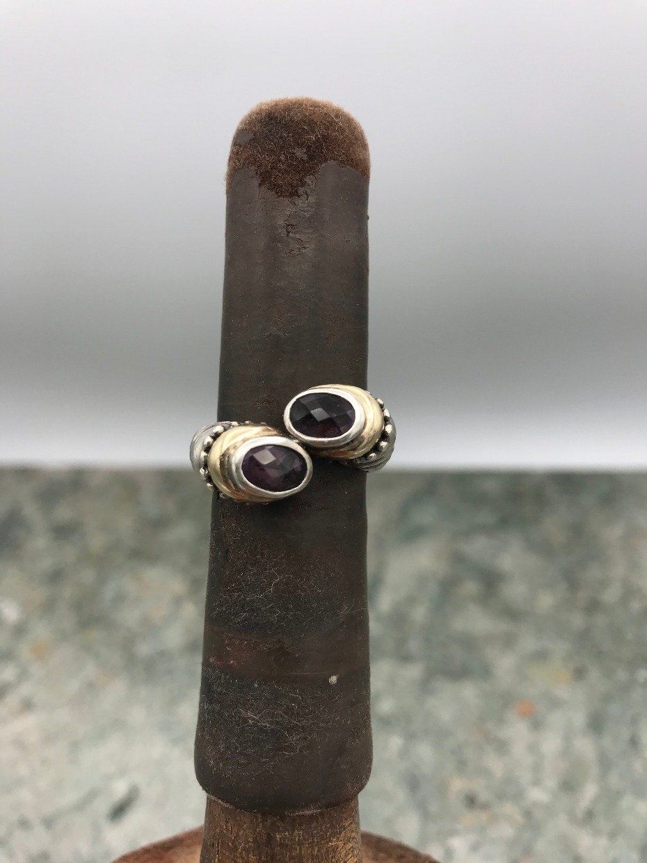 14k Gold Accented Sterling Silver Twisted Cord Bypass Ring w Amethyst 7
