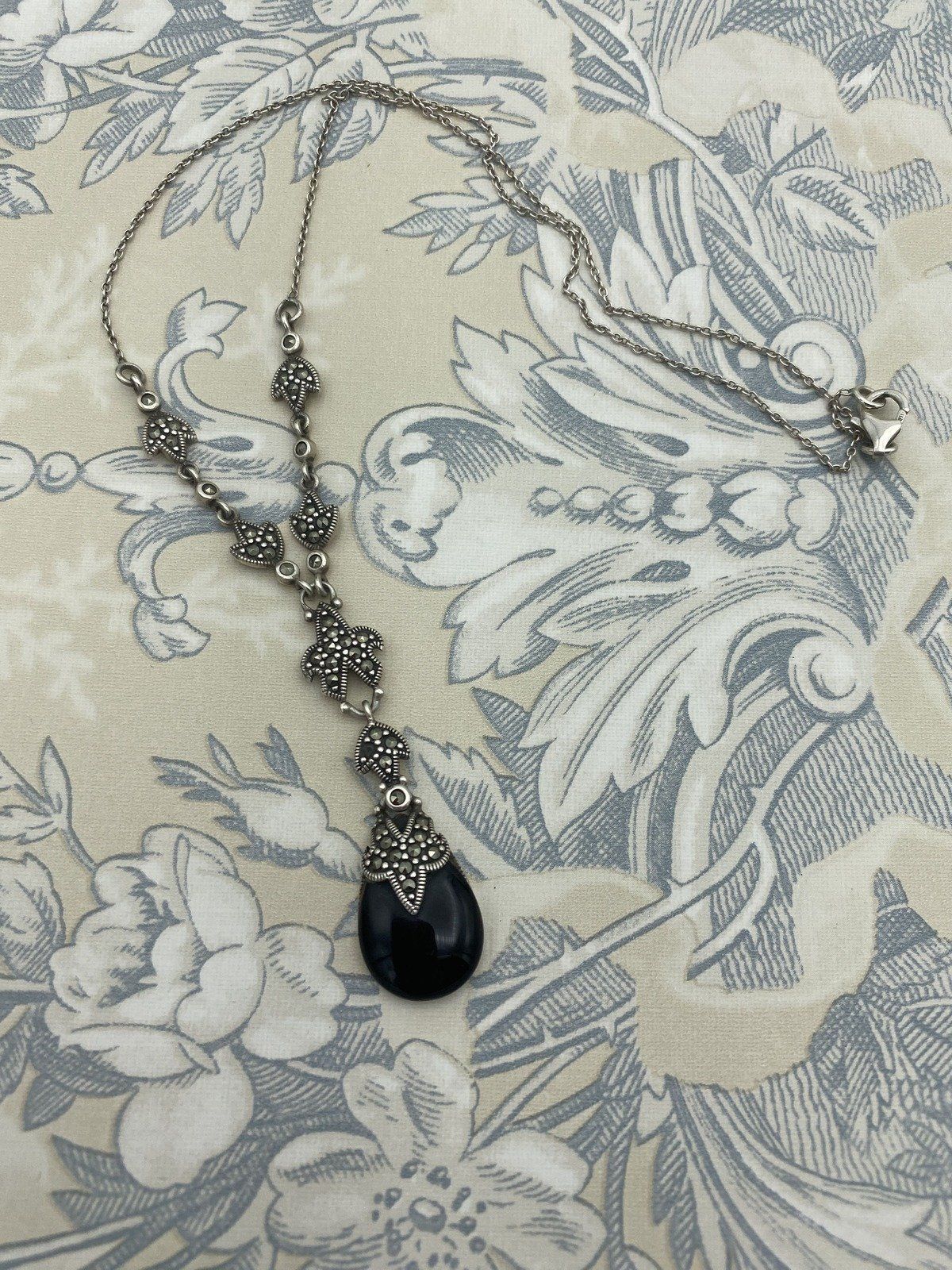 Vintage Sterling Silver Marcasite + Black Onyx Lariat Y Necklace 16L 6
