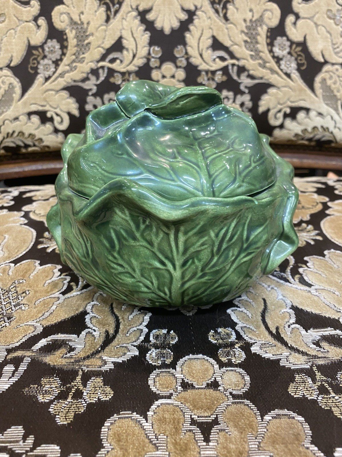 Vintage Holland Mold Lidded Cabbage Leaf Majolica Ceramic Serving Bowl + Lid 8