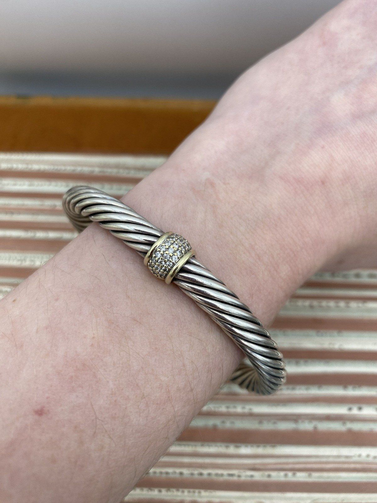 David Yurman Sterling Silver + 18k Pave Diamond Center Band 7.5mm Cable Twist Bangle Bracelet 6.75 6