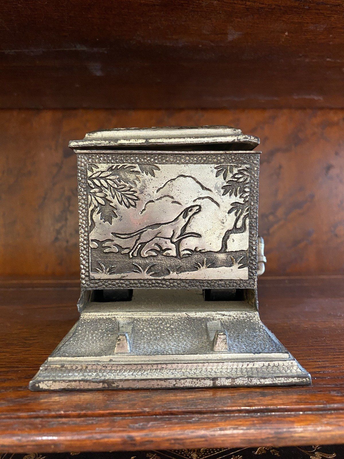 Antique c.1910/20s Silver Plated Functional Cigarette Dispenser w Hunter's Motif + Fauna Etching