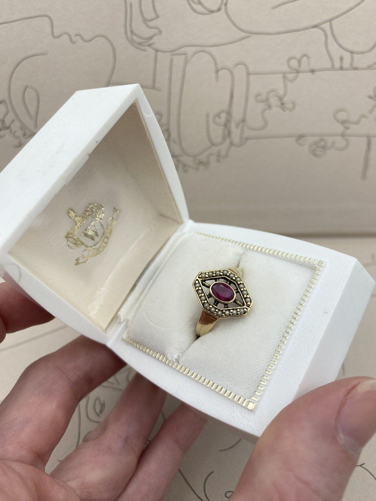 Antique 10k Gold Trapezoid Seed Pearl + Bezel Oval Ruby Navette Ring #2937 8