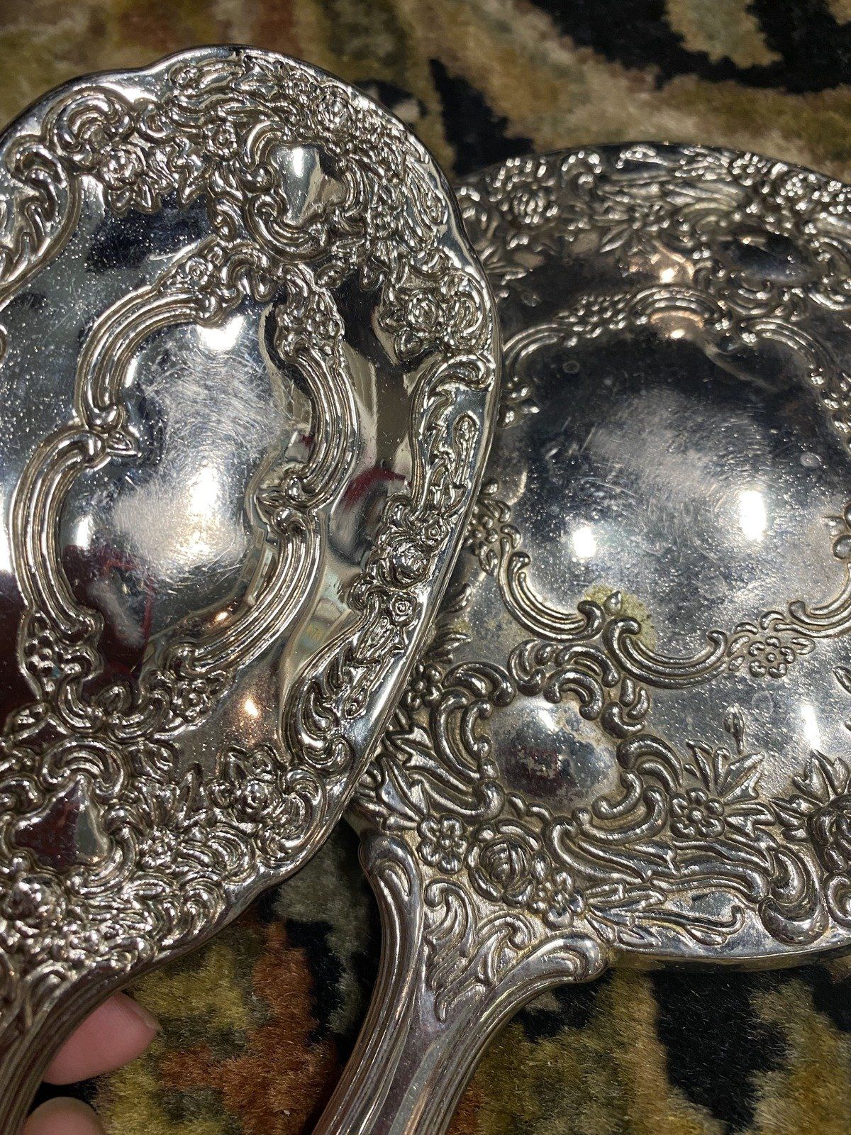 3pc Vintage Repousse Silver Plated Vanity Set 7