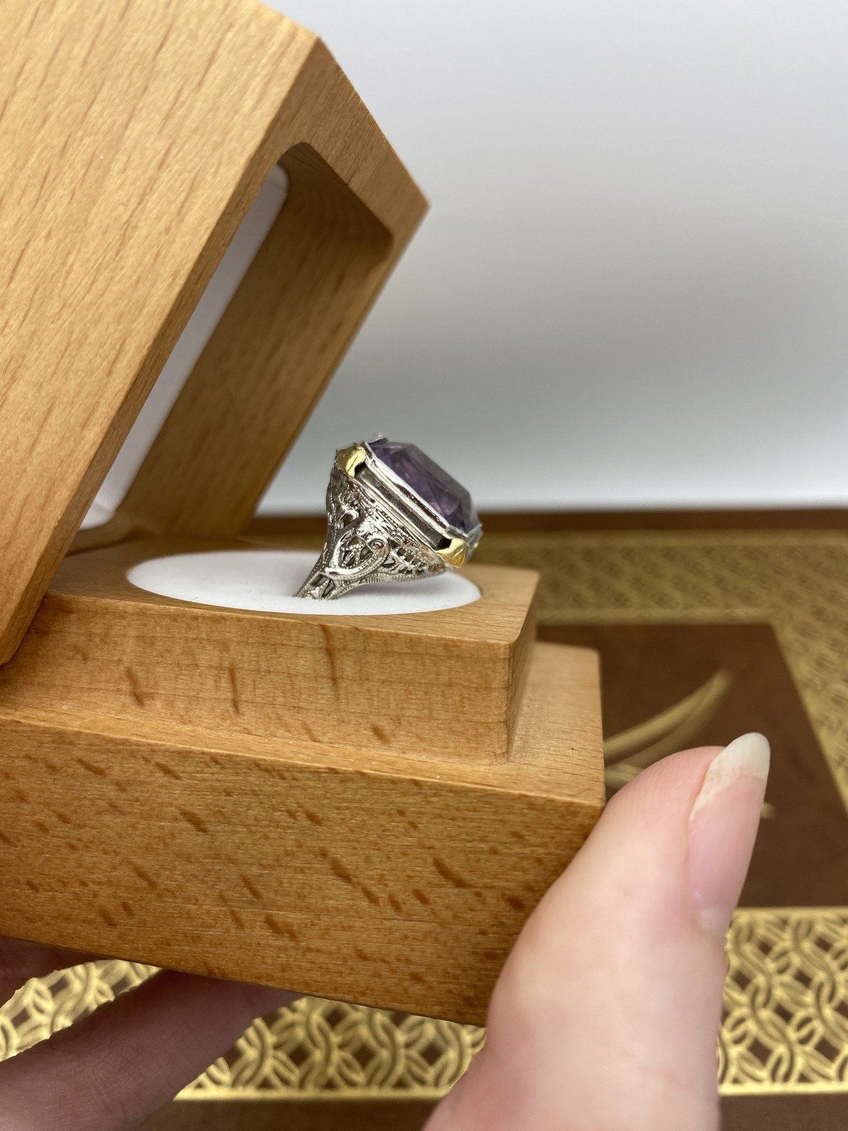 Antique 18k White Gold Large Filigree Art Deco c.1910s/20s Amethyst Cocktail Ring w Yellow Gold Details #2678 7