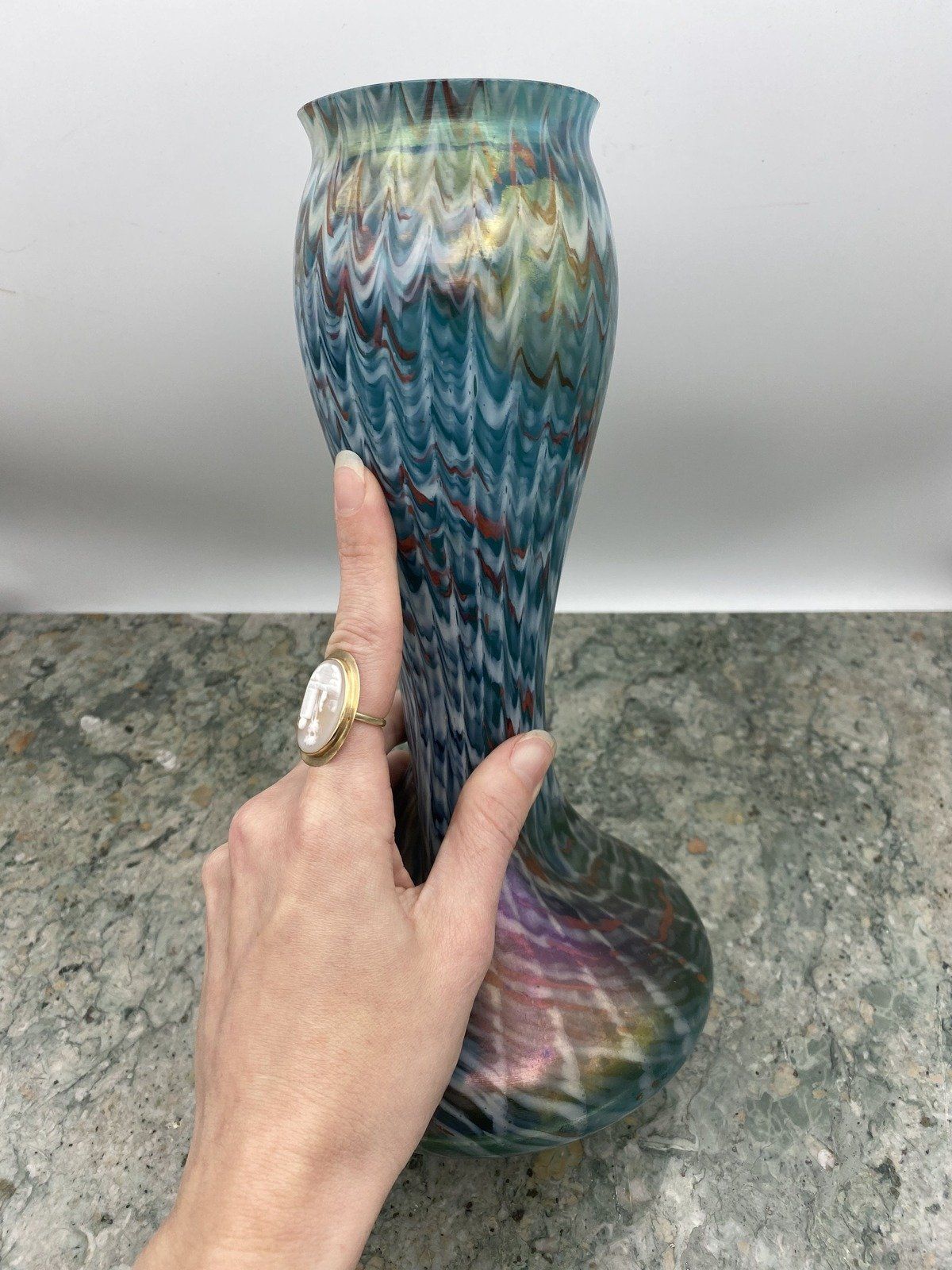 Bohemian Art Glass Czech Rindskopf Squat Base Glass Blown Colorful Vase 4