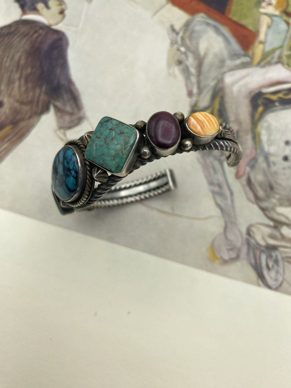Signed Native American Arron Toadlena Sterling Silver Turquoise + Spiny Oyster Cuff Bracelet 4