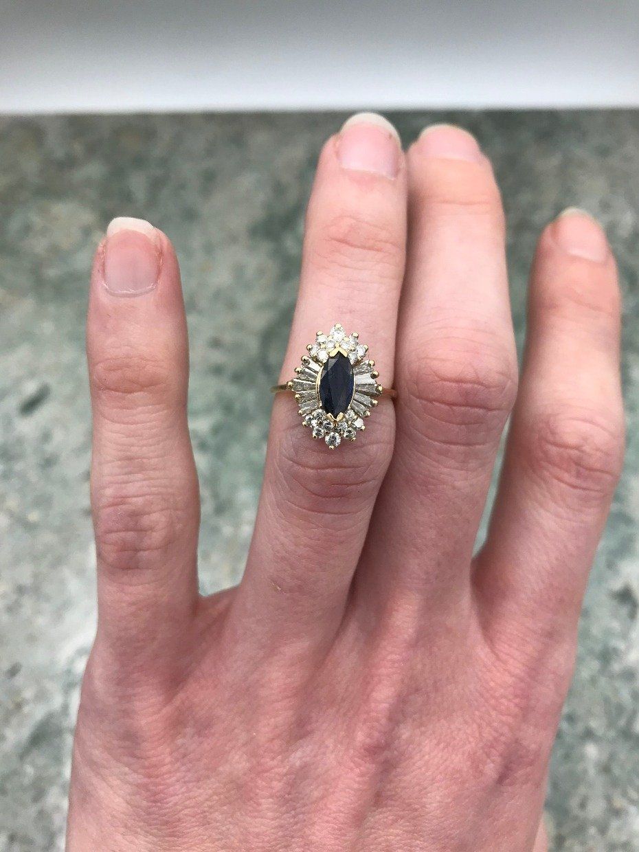 14k Gold .50ct Marquise Sapphire + Diamond Ring 2