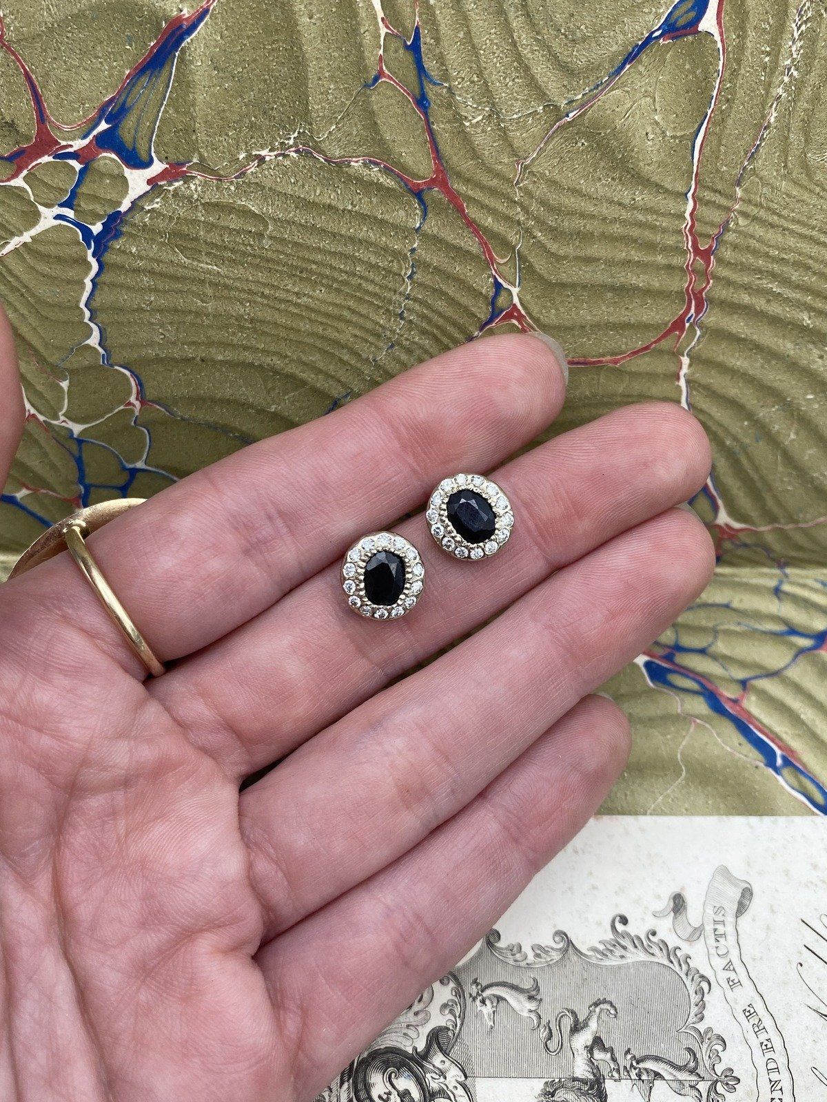 14k White Gold Bespoke Blue Sapphire + Diamond Stud Earrings #2612 9