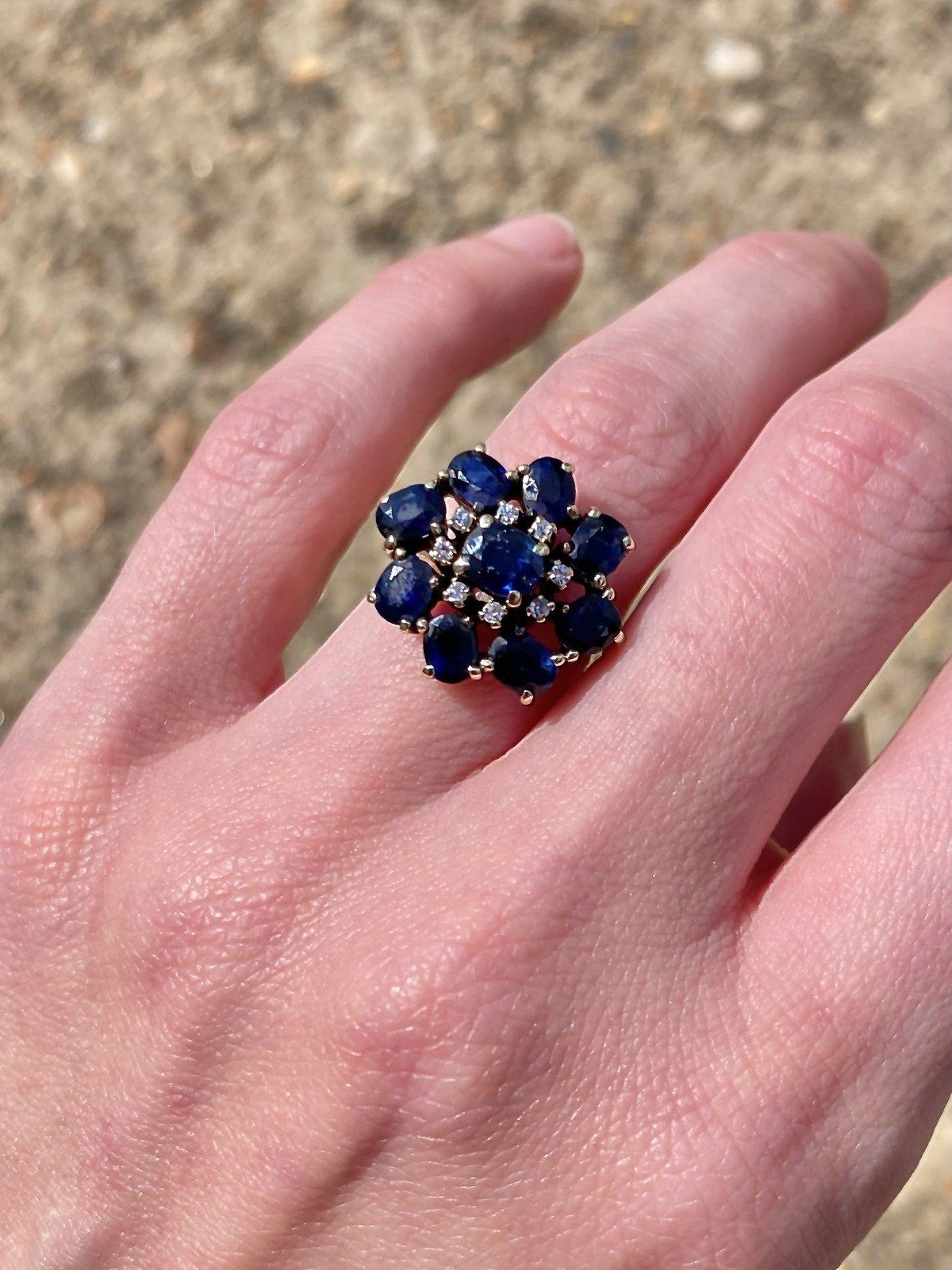 Antique 14k Gold Diamond Sapphire Petal Flower Cluster Ring 8