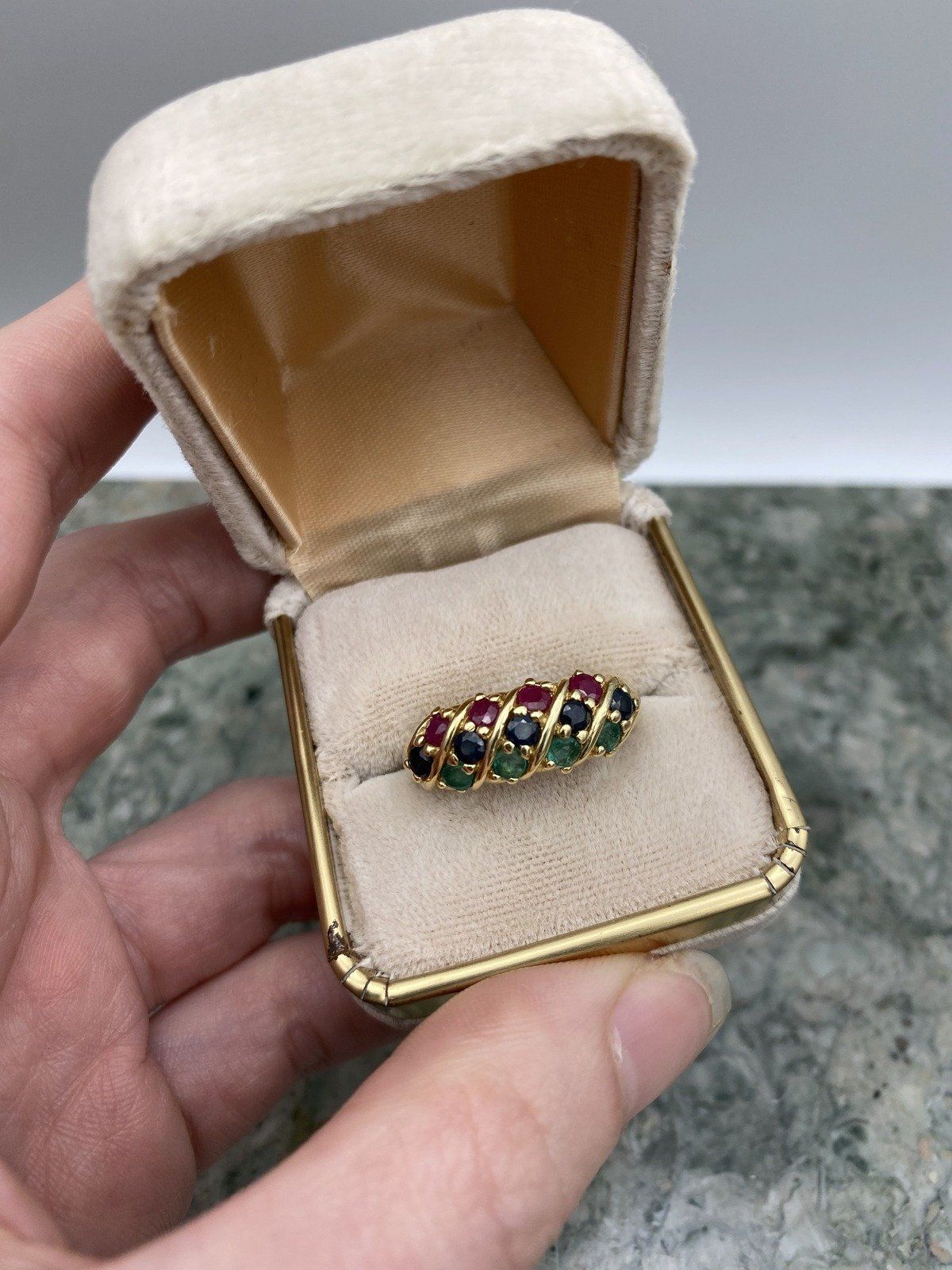 Vintage 14k Gold Trio Ruby + Emerald + Sapphire Ring Bombe Band #2794 2