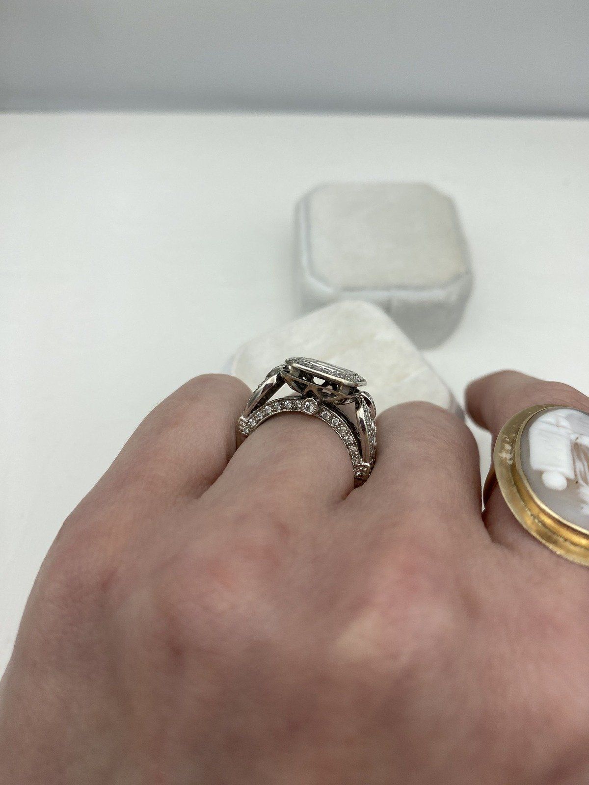 14k White Gold 1.99ctw Diamond Bezel Cluster Engagement Ring w Filigree + Shank Details + GIA 6