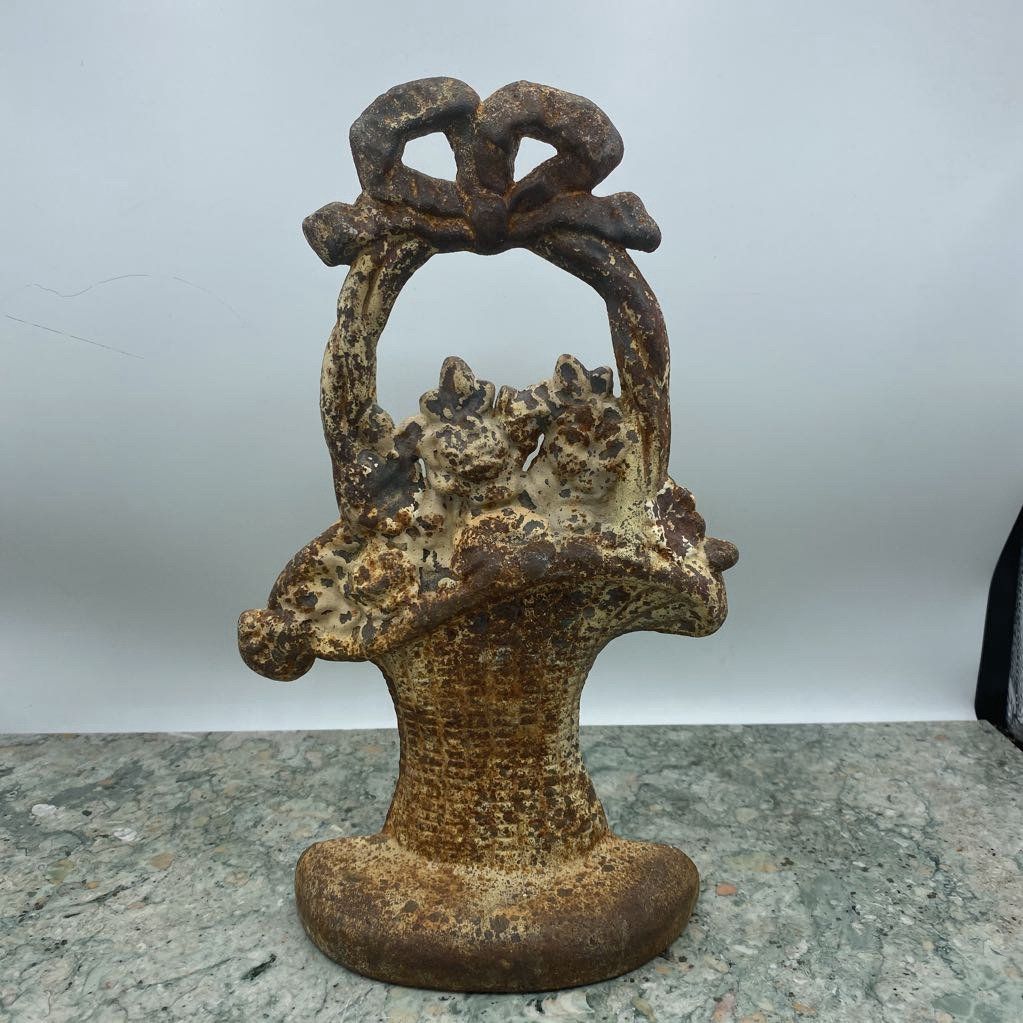 569 - Old Cast Iron Flower Basket Door Stop