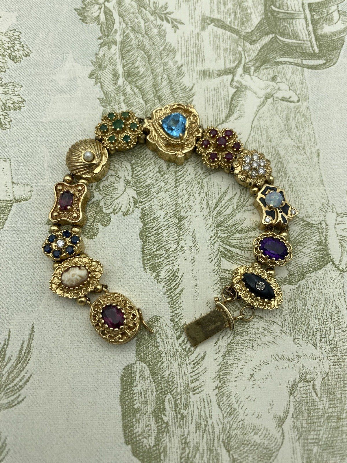 Solid 14k Gold Vintage Completed Semi-Precious Gem + Diamond Slide Bracelet 2